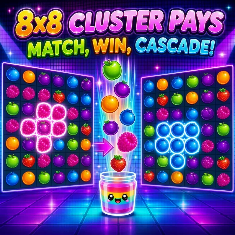 8x8 cluster pays grid with fruit symbols cascading